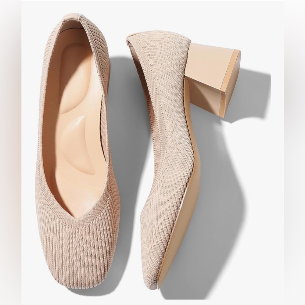 Knit Nude Pumps Low Block Heels Shoes